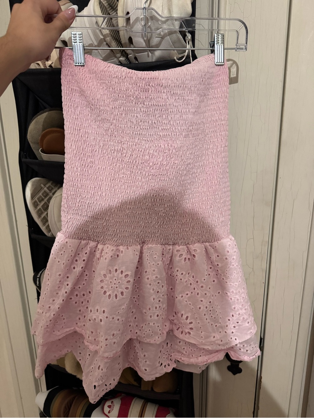 SHEIN Pink Smocked Eyelet Ruffle Mini Skirt